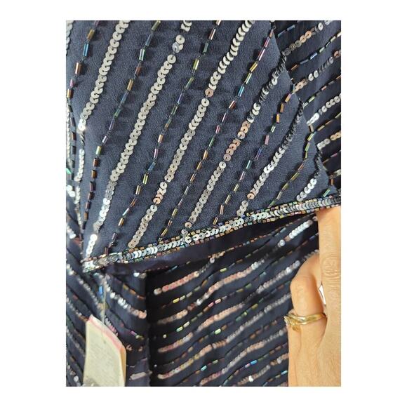 Papell Studio beaded blouse plus sz 1X silk blue silver NWT v-neck 3/4 sleeve - Picture 6 of 12